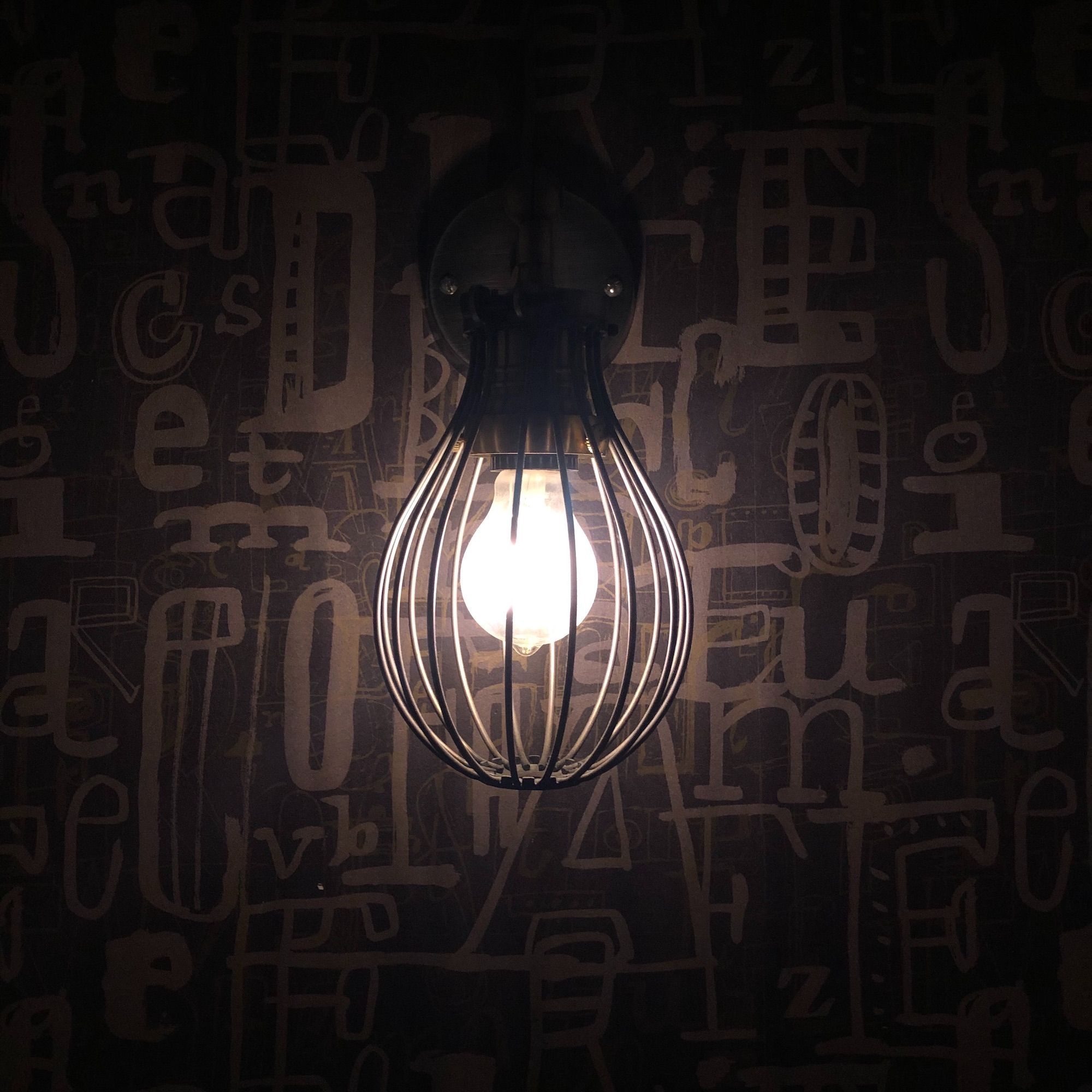 A light bulb in front of a dark wall
