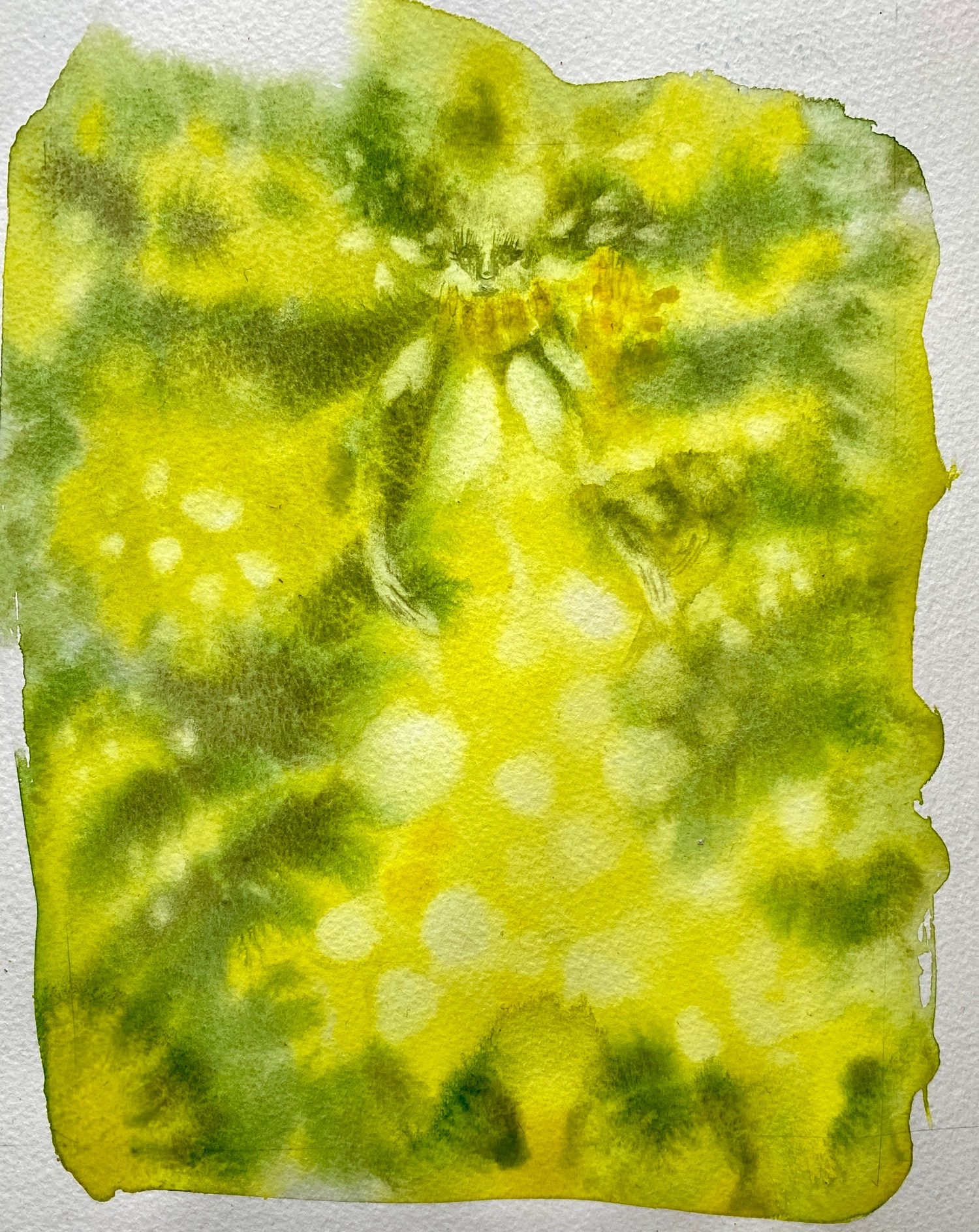 bright screaming chartreuse yellow nebulous watercolour on paper....a mimosa impression with a touch of a face glinting through.