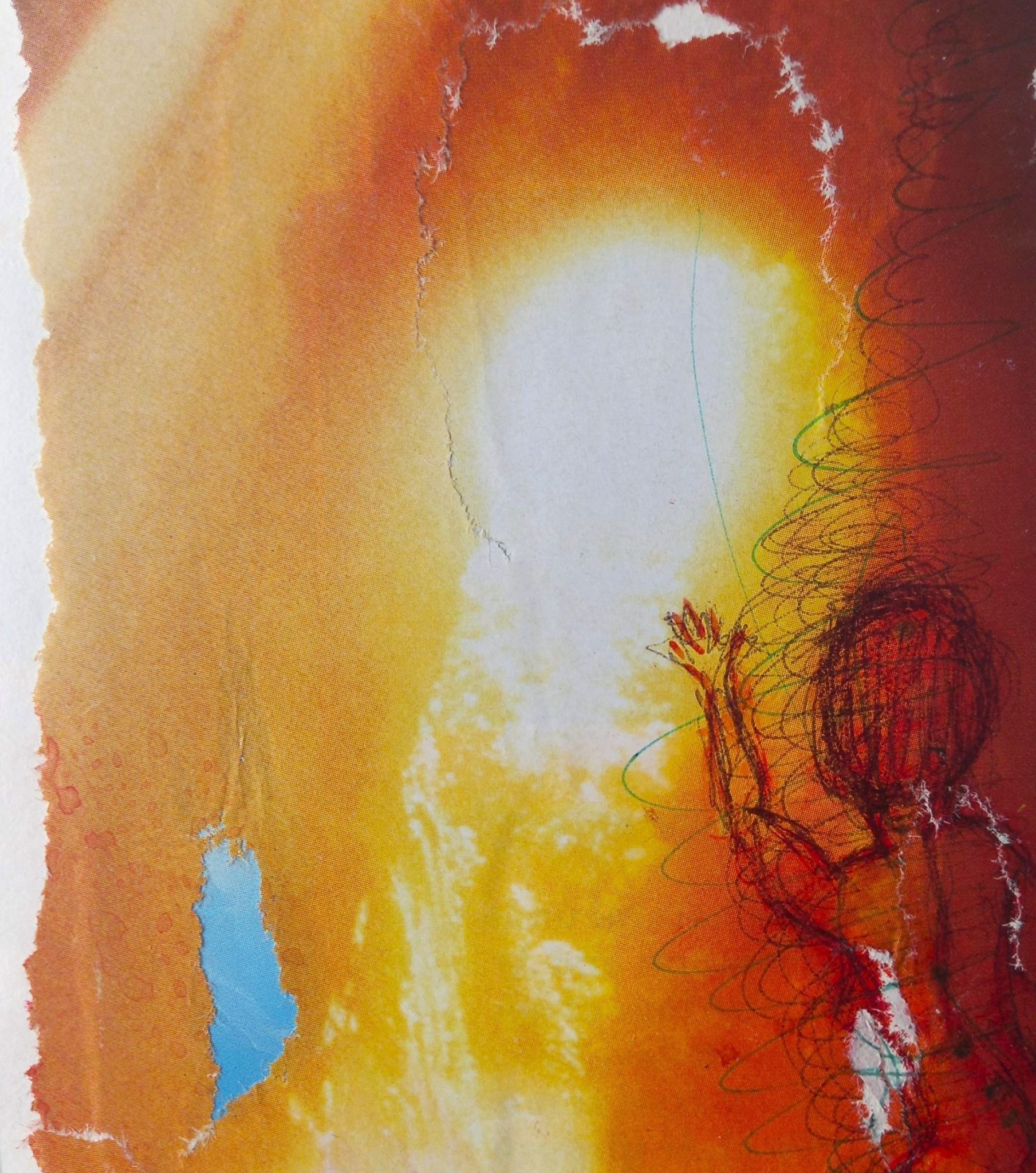 Collage image of a light and biro drawing of a small figure - hand up to the light