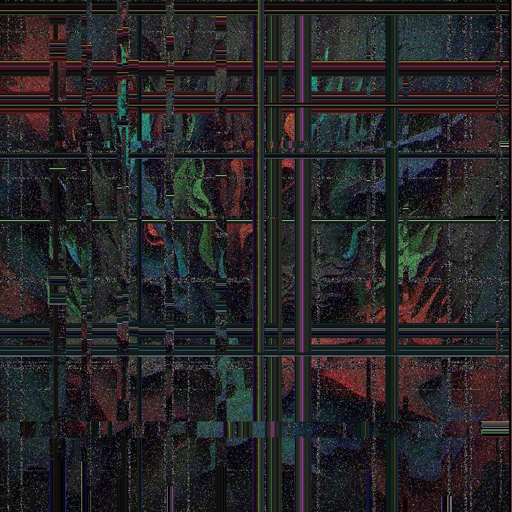 a floral print on a black background with heavy glitch banding