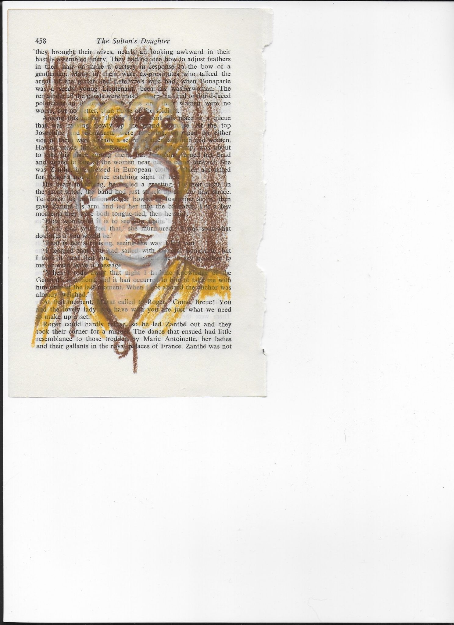 Oil pastel drawing in shades of brown of my aunt in 1940 on vintage book page