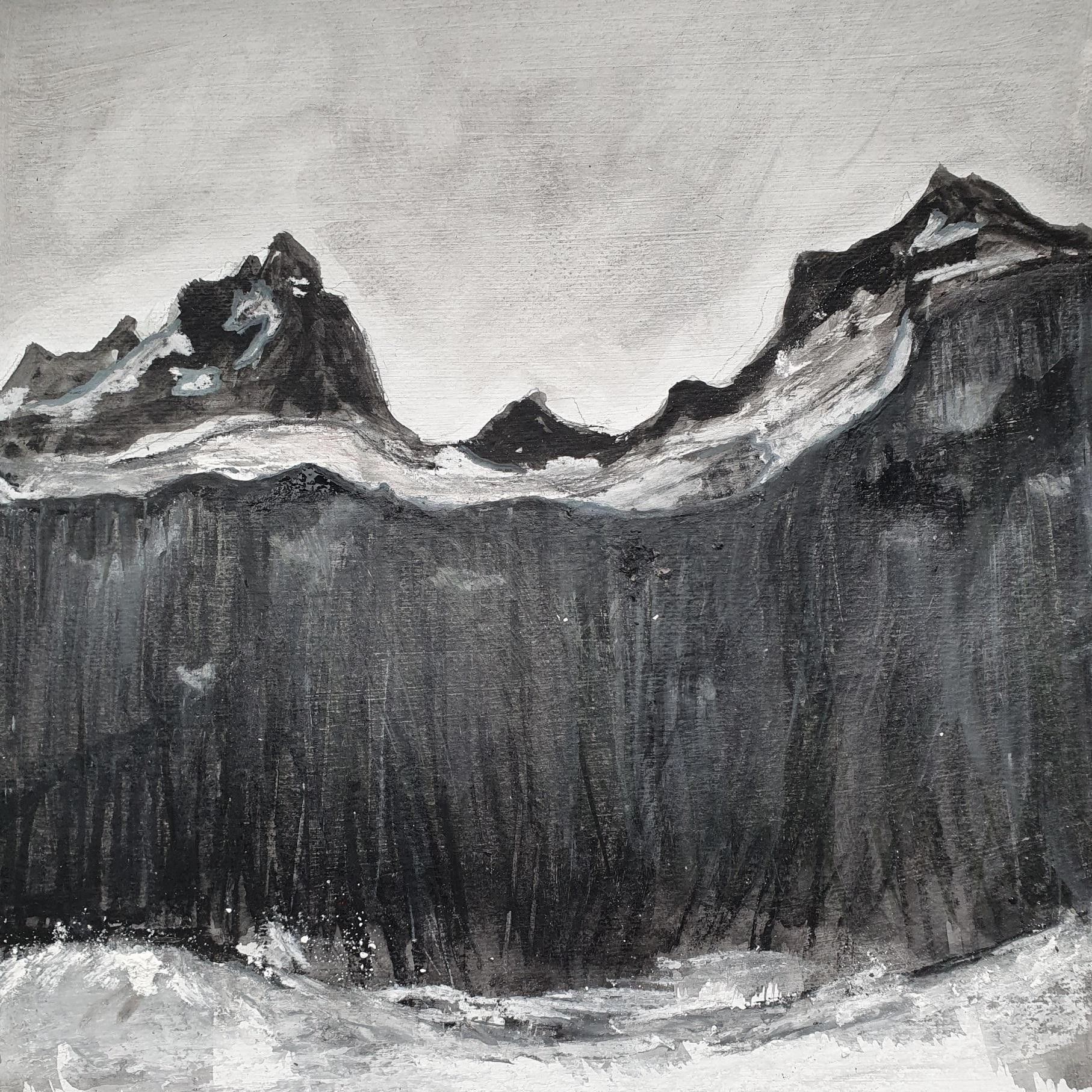 Using charcoal, graphite and chalk on cardboard while remembering an ancient black mountain on a Norwegian Island