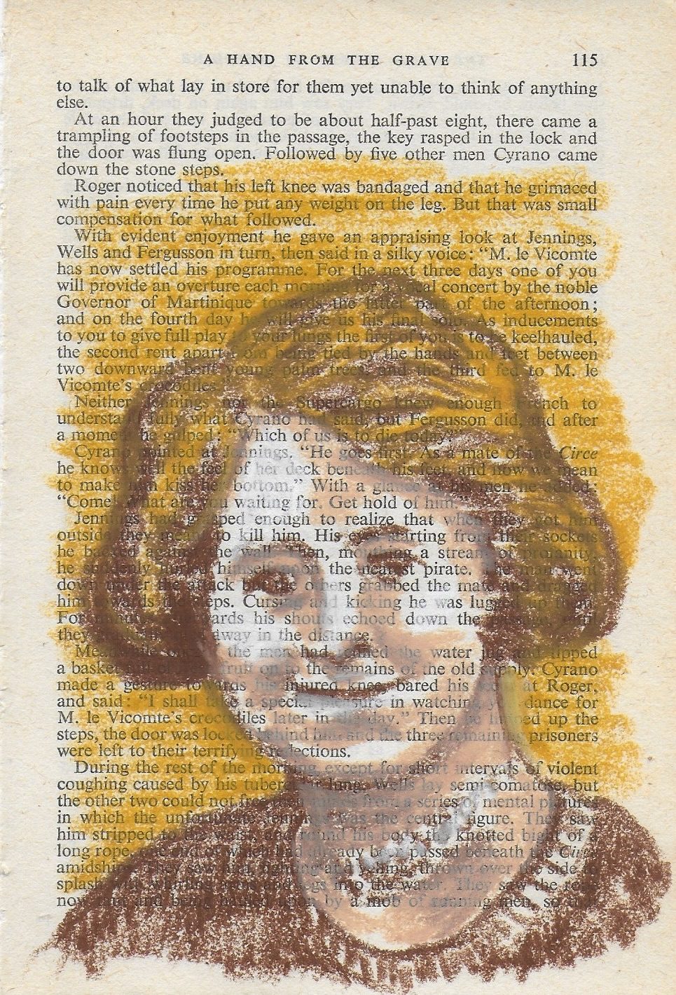 Oil pastel drawing in shades of brown of my uncle's mother on vintage book page