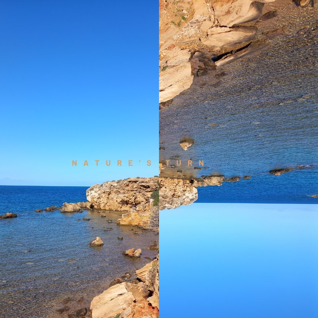 A photograph of a sea landscape cut in half, with the right half fliped upside down.