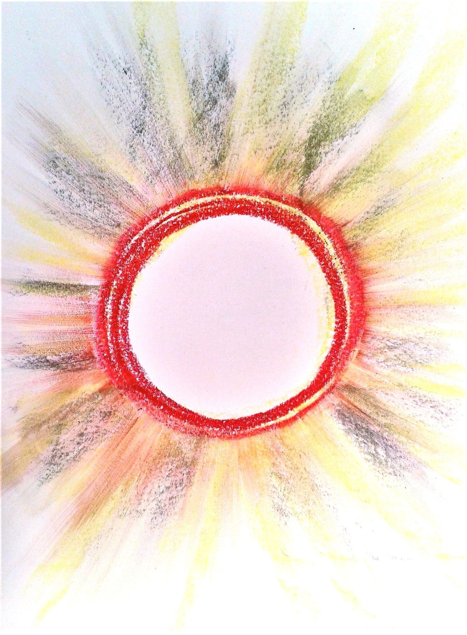 Pastels on A4 white paper. A red central circle having yellow, blue, orange lines radiating from it.