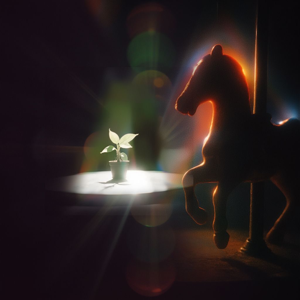A digital collage of a plant, horse on a merry go round and light rays.