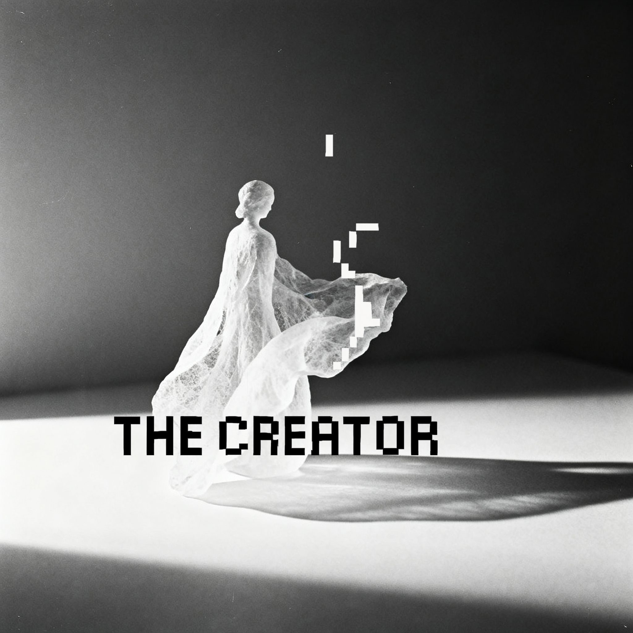 A bw photo of a sculpture with an 8 bit text 