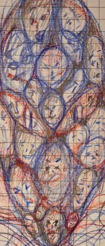 Coloured watercolour pencils on square graph paper