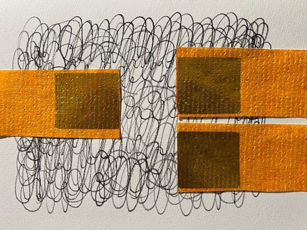 3 Orange collage rectangles with gold squares, on background black scribble on white paper