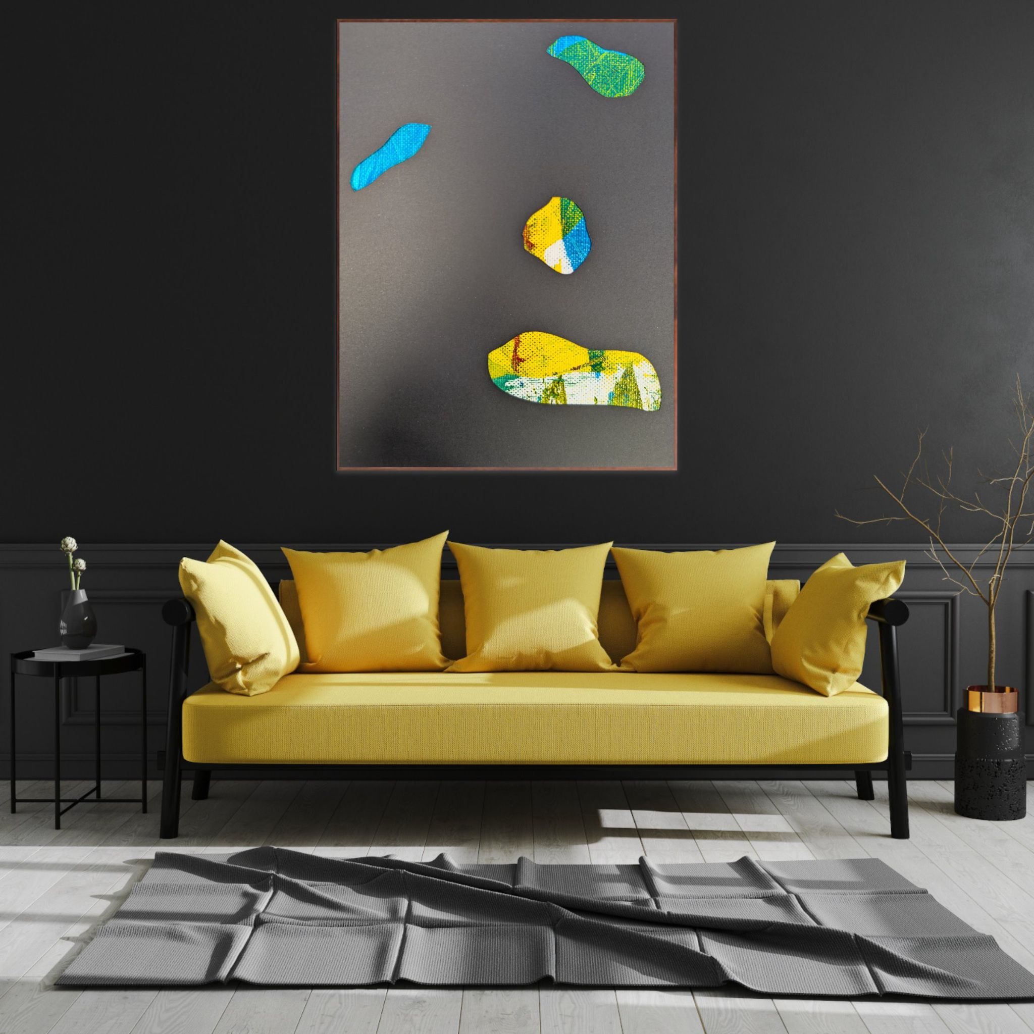 Stylised eyes mouth and nose on black background againsta black wall of stunning interior with yellow sofa