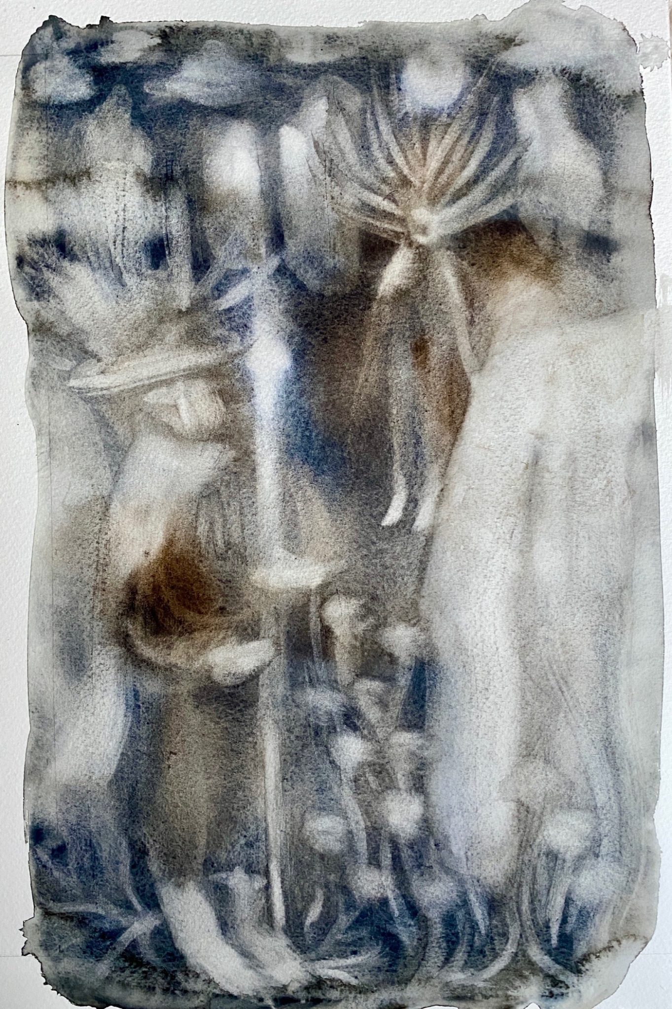 watercolour on paper in soft blue and light brown. Geobiologist with his staff next to a standing stone with smaller stones in the background and a ghostlike figure in the background. A remembering of a great man