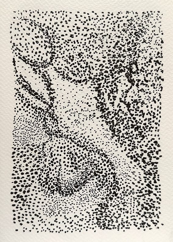 Pointilism drawing in black ink with figures