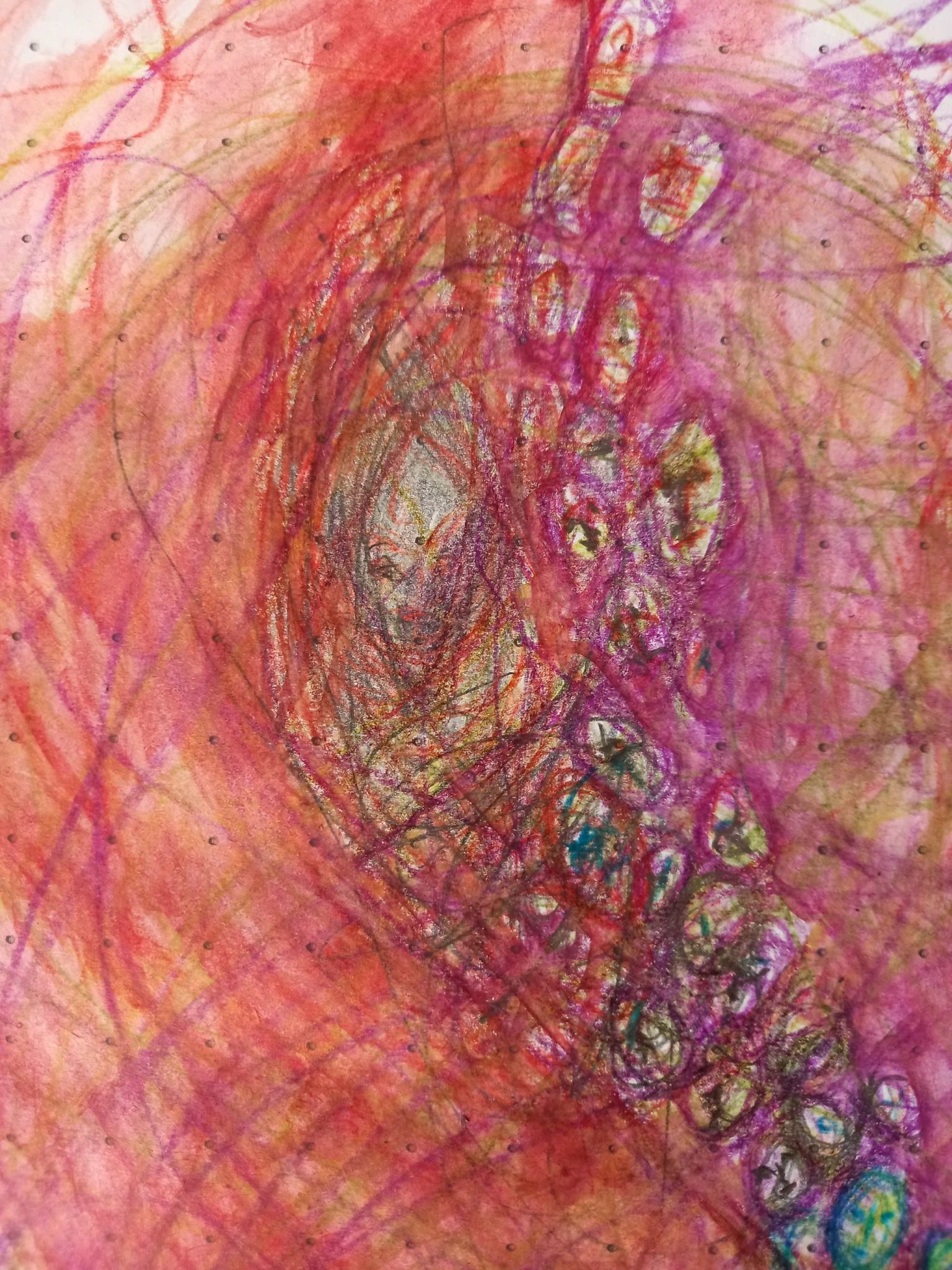 Watercolour pencils on dotty paper, small faces and sweeping lines.