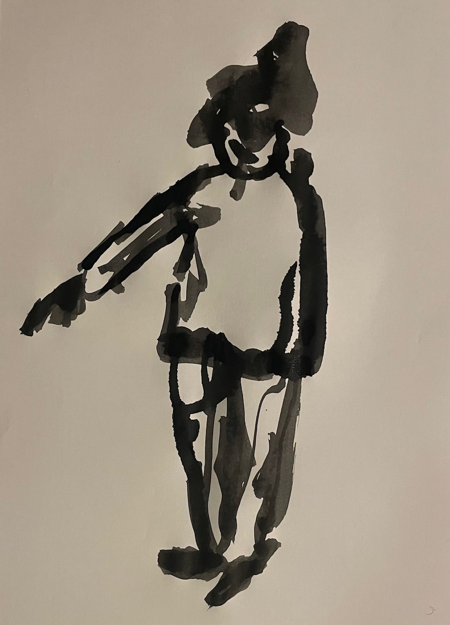 An ink drawing of someone in an owl mask