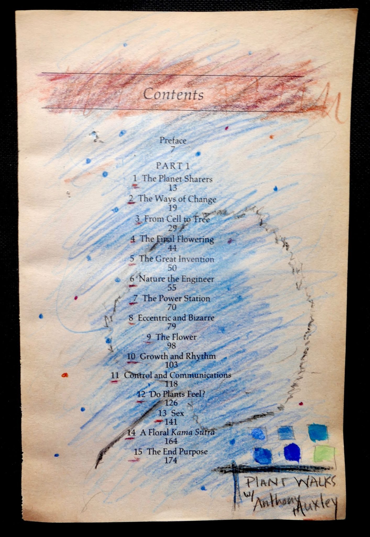 Content page from book., yellowed with age, printed contents of book scribbled over with colored pencils