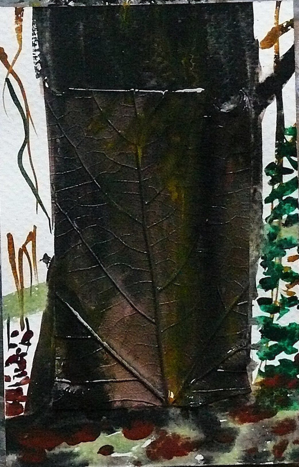 12 x 8 cm watercolour on a collage with a leaf. I have turned the branching veins of a leaf into a tree trunk.