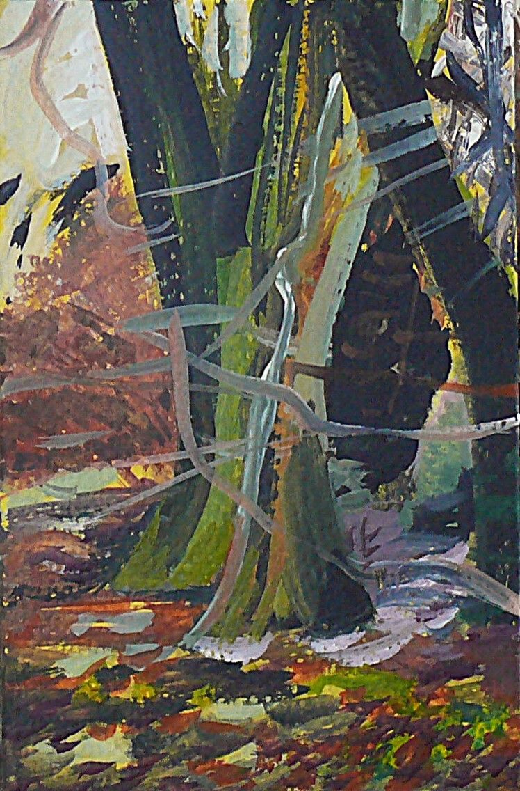 watercolour looking at the greenness of the tree branches as Spring approaches, the green light and the blackness of the trunks