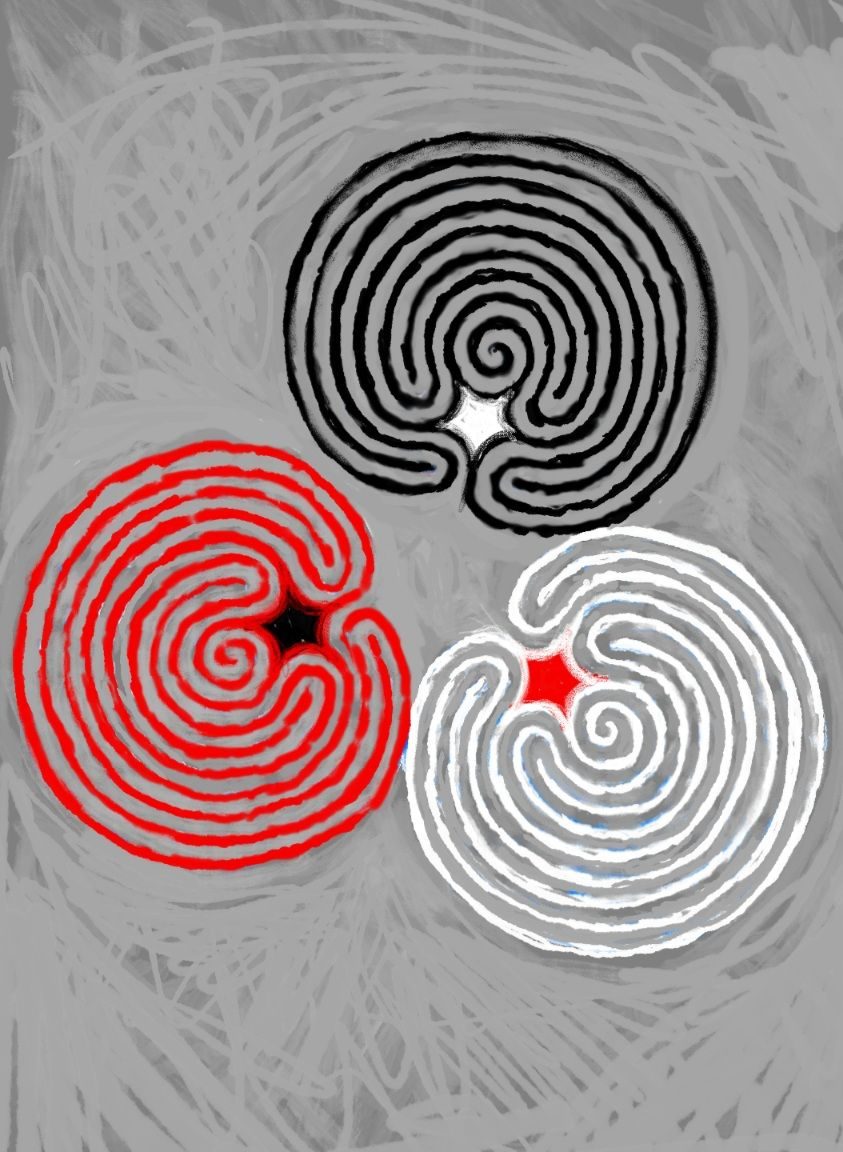 Three spirals (red, white and black) on a grey background