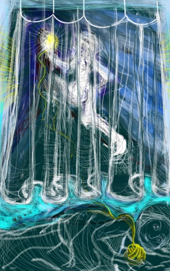 A figure lies in the foreground clutching a severed thread. In the background a woman speeds away holding the other end of the thread gathered into a ball of light.