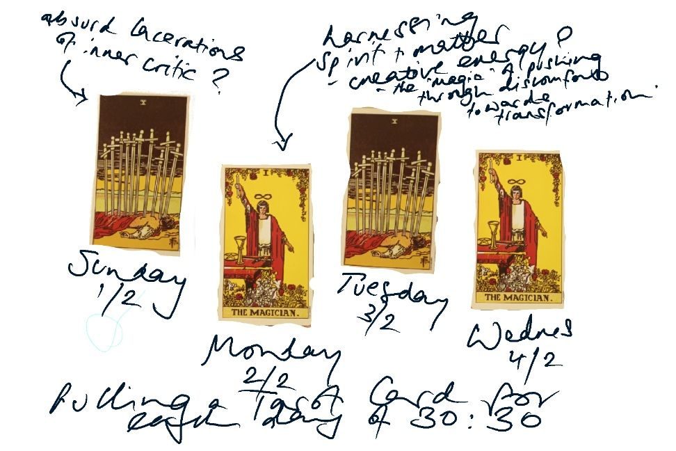 4 Tarot cards pulled on the first 4 days of February: 10 of Swords/Magician/10 of Swords/Magician - images of the cards on white background with written text