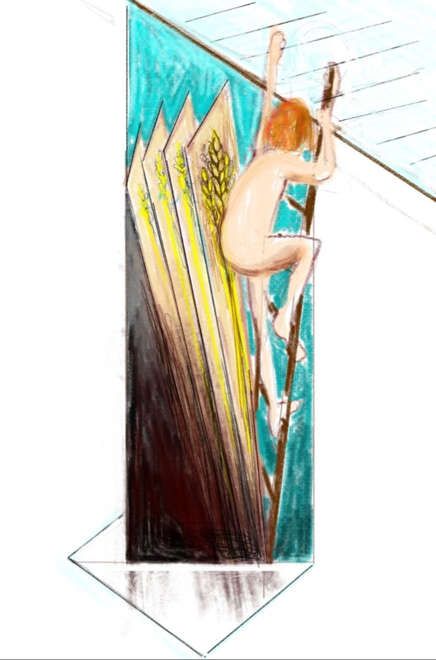 Tablet drawn picture represents a nude figure descending a ladder into a subterranean cubicle. A stack of gigantic wheat sheafs fills the bottom of the shaft and obstructs her progress.