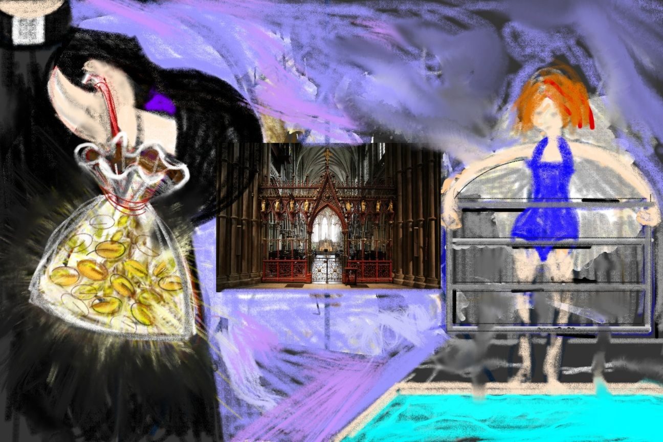 Digital drawing: priest with bag of wheat, rood screen in church, female figure in bathing suit holding a gate.