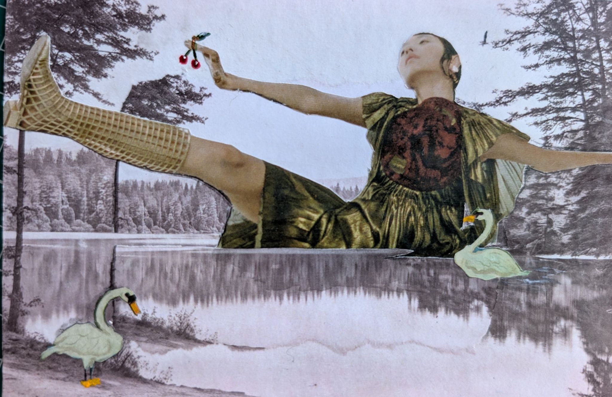 A woman, half submerged in a lake is holding up a pair of cherries. Two stylised swans are beside her, one on the shore and one in the water.