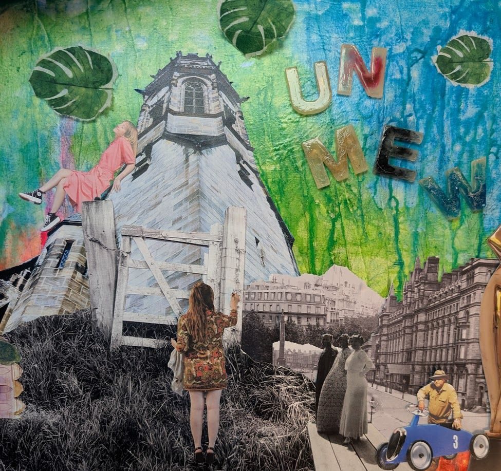 central to the collage is a girl apparently painting an old wooden gate, around her are variou strangely acting people, buildings, 3d letterers spelling UNMEW, a skewed church tower. The background is vivid green and blue with a couple of carefully placed monstera leaves