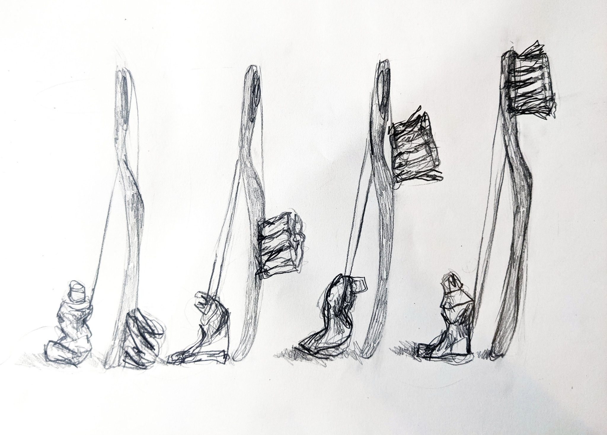 A drawing of a toothpaste tube hoisting up the bristly part of a toothbrush