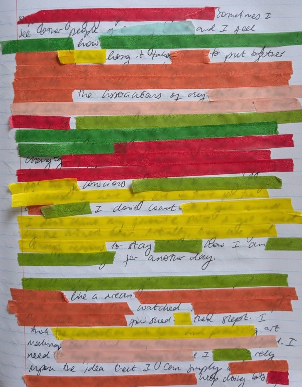 Photograph of page 37 of current writing notebook. Pieces of writing are taped over using coloured masking tape. Leftover writing reads, 'Sometimes I see other people and I feel how long it takes to put together the associations of my conscious. I don't want to stay how I am for another day like a dream watched finished then slept. I think art making I need I rely upon the idea that I can simply keep doing bits'