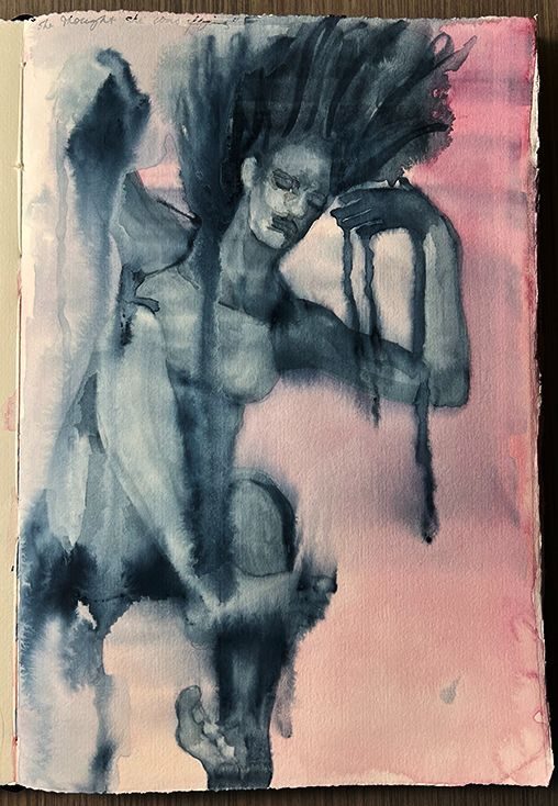 Water colour and gouache sketch of woman falling in space.