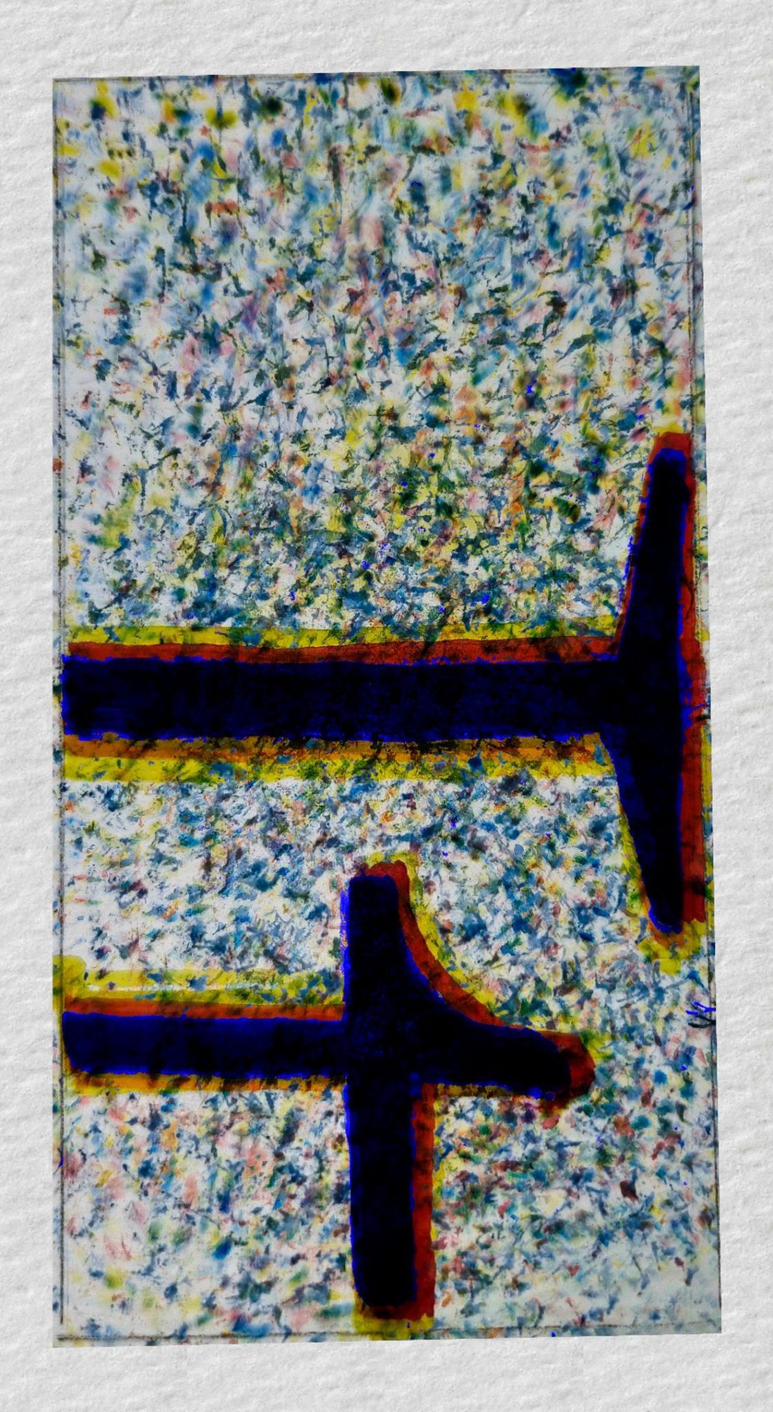 Digital collage containing.   Watercolour on paper, 2 by 1 proportion, portrait. A painting of parts of the letters 