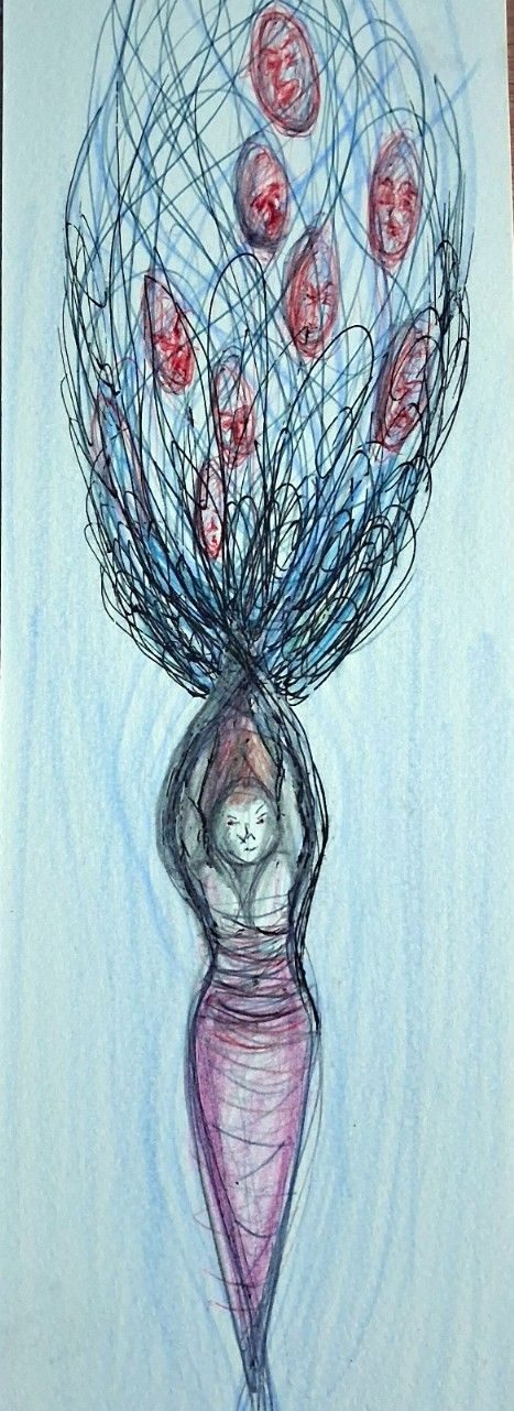 Biro and watercolour pencils on small paper. Stretched figure with large hair and tiny faces