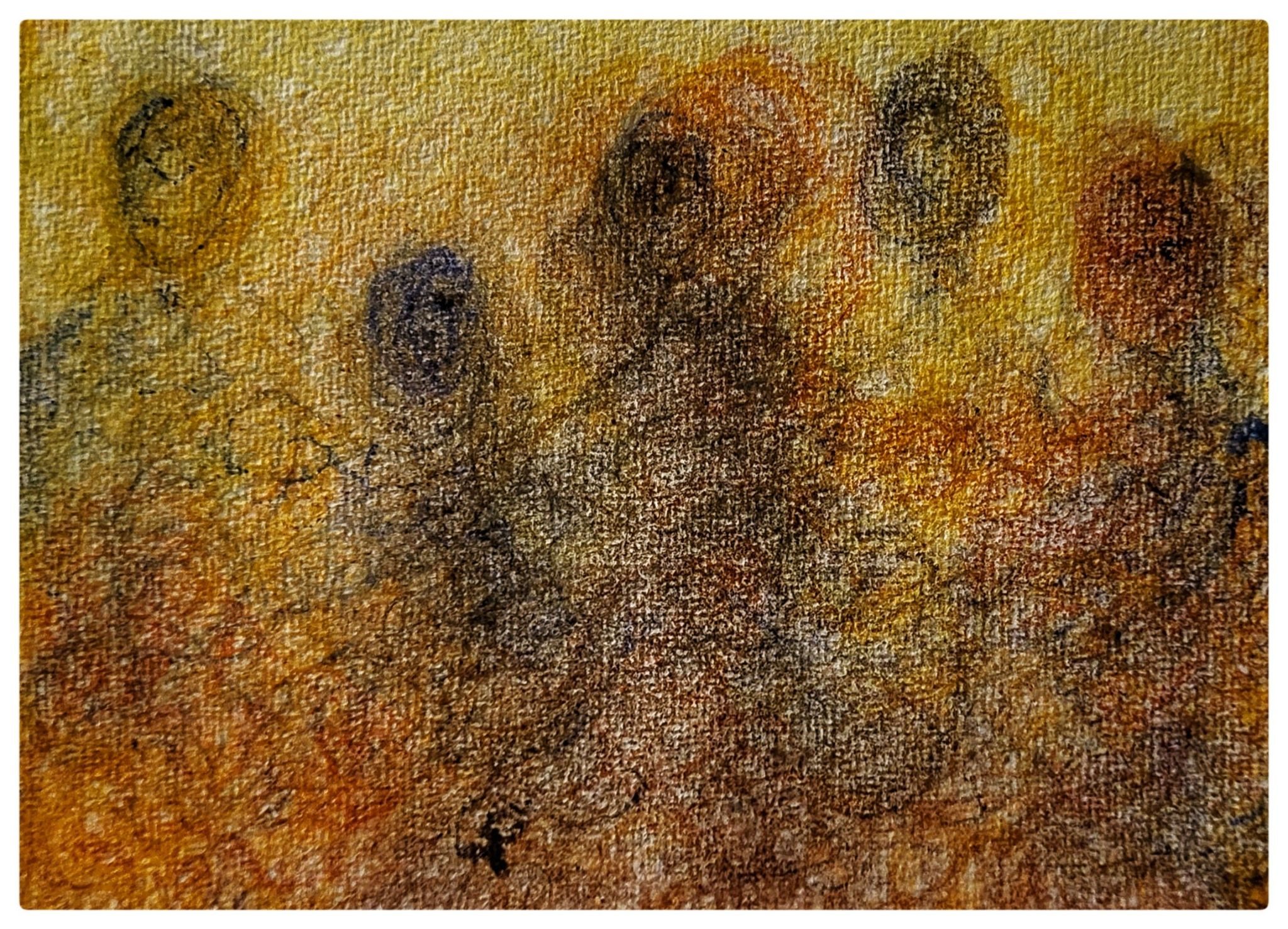 A drawing of a group of blurry figures in a yellow/golden background