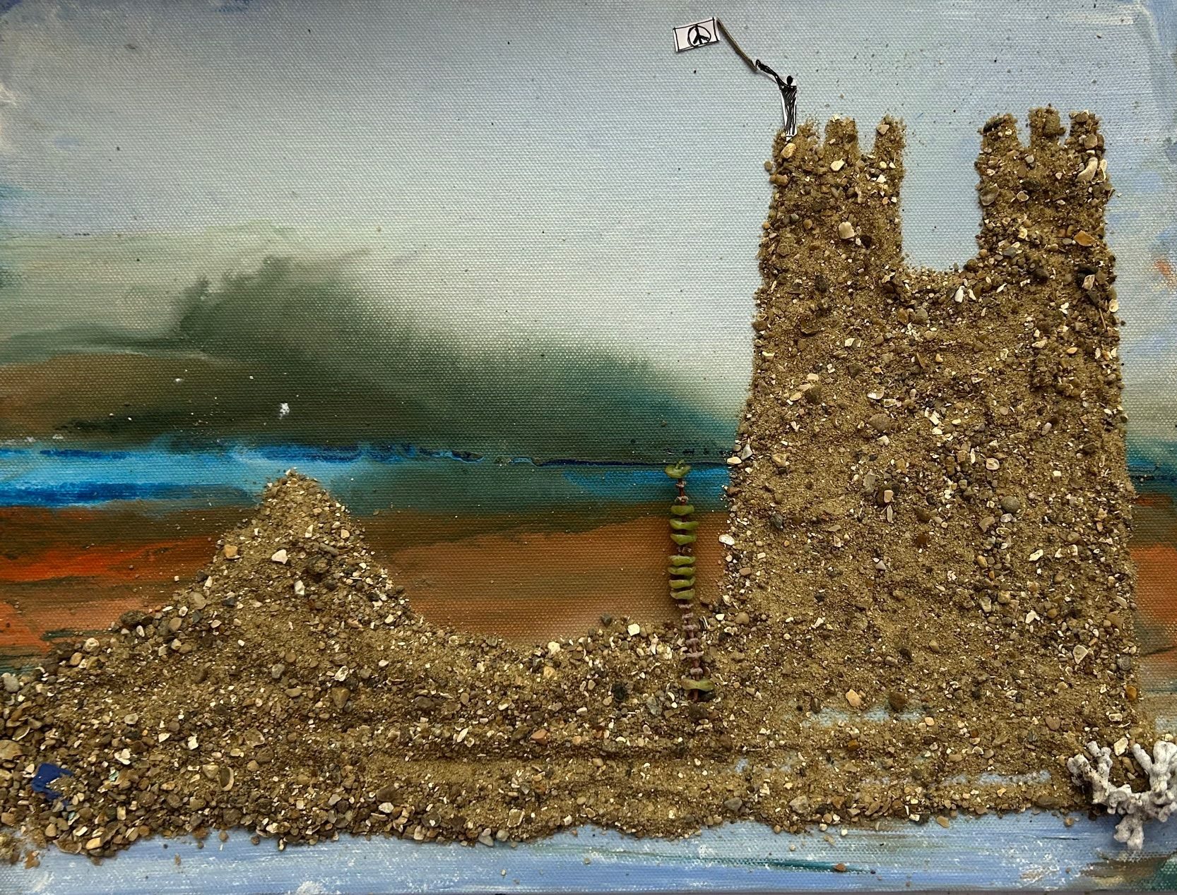 A person with a white flag stands on top of castle with a world peace white flag and on the ground beside is the rubble from previous peace agreements