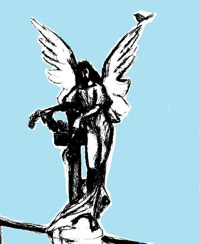Drawing of an angel statue providing a perch for a bird