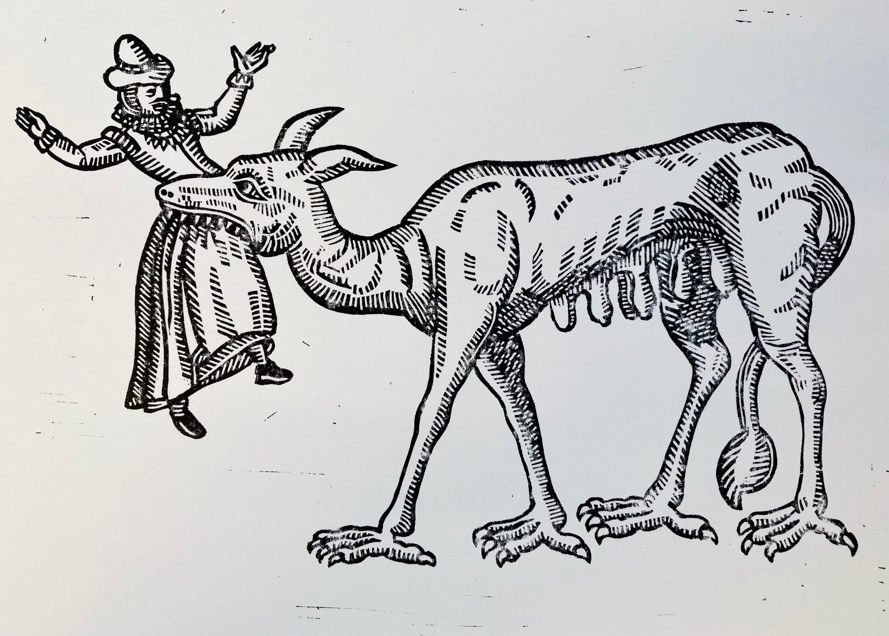 Lino cut print of a woman dressed in C17th costume being eaten by a mythical beast