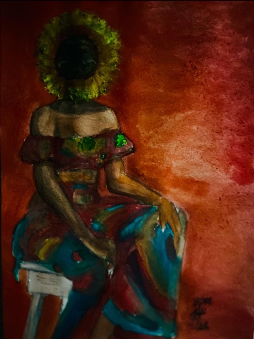 A loose charcoal and watercolor study using my own image as source, embracing gesture, imperfection, and process. The sunflower head marks growth, learning, and becoming.