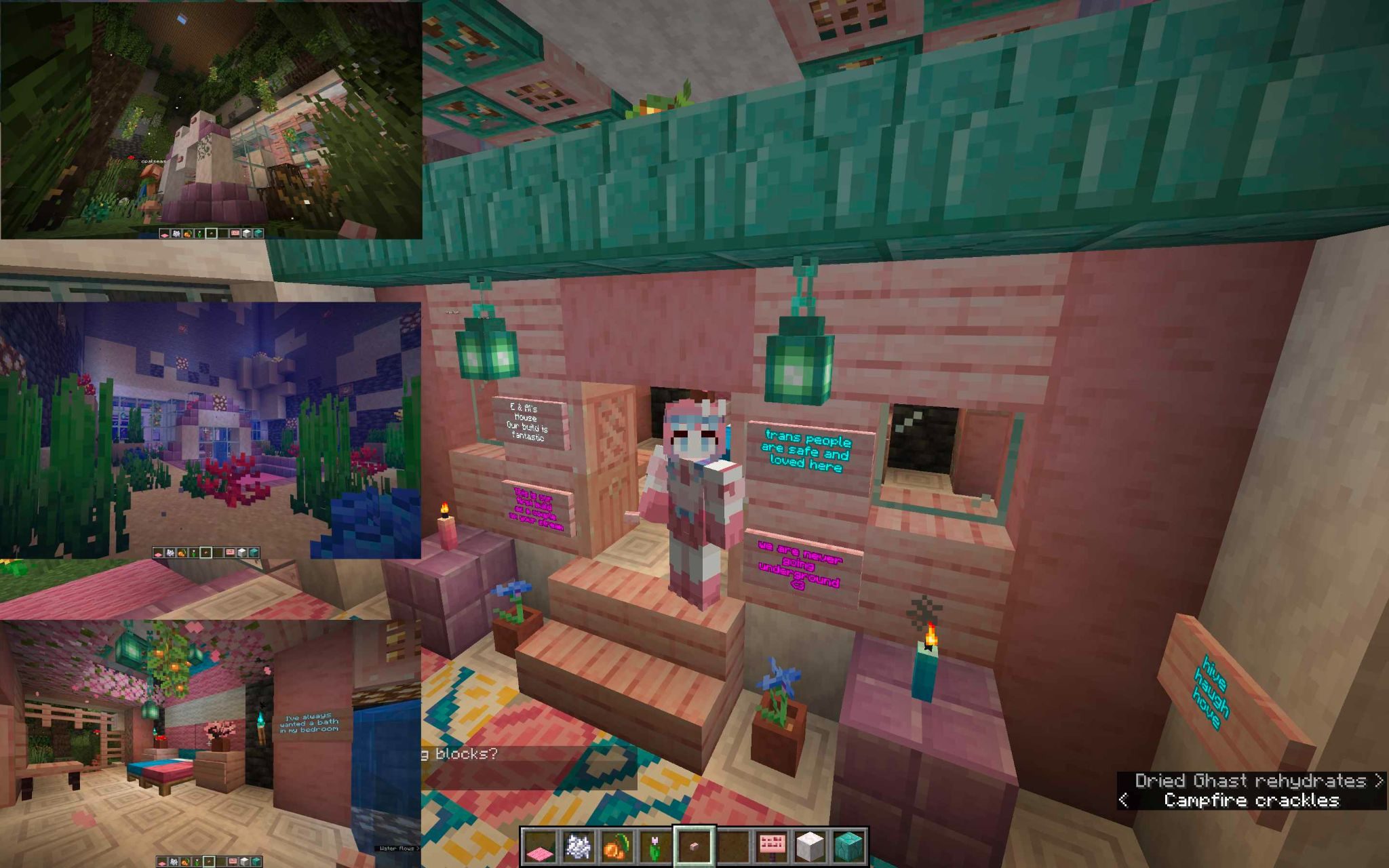 A collage of screen shots of a minecraft build. Its a house half under water and half in forest. The minecraft player stands next to signs in the main image that read 