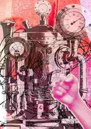 The image shows a vintage industrial machine with gauges and pipes, overlaid by bold black scribbles and a prominent pink-toned clenched fist in the foreground. The background is textured in red and pink tones.