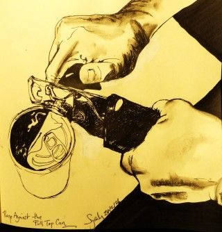 black and white drawing of hands using a can openner on a partially openned pull-top can, aerial view. Touch of red on the tin openner.