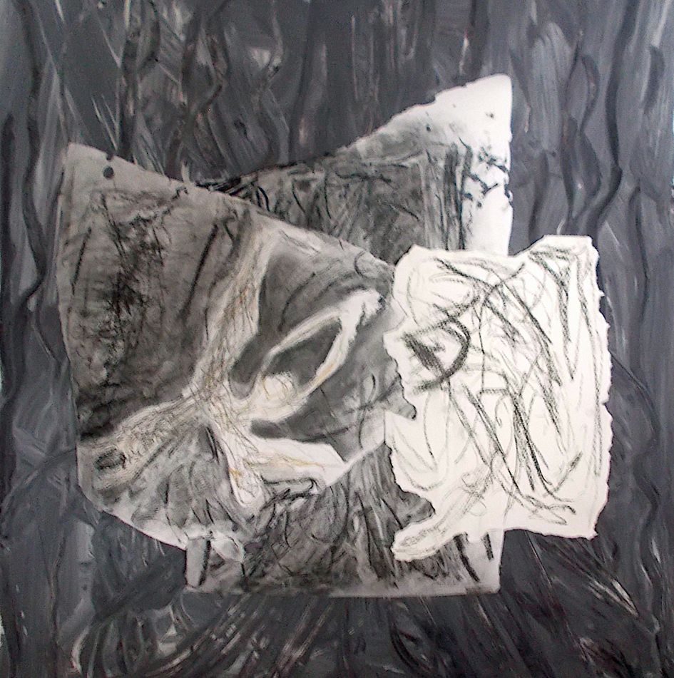 charcoal action drawings, placed over grey gouache gesturely marked