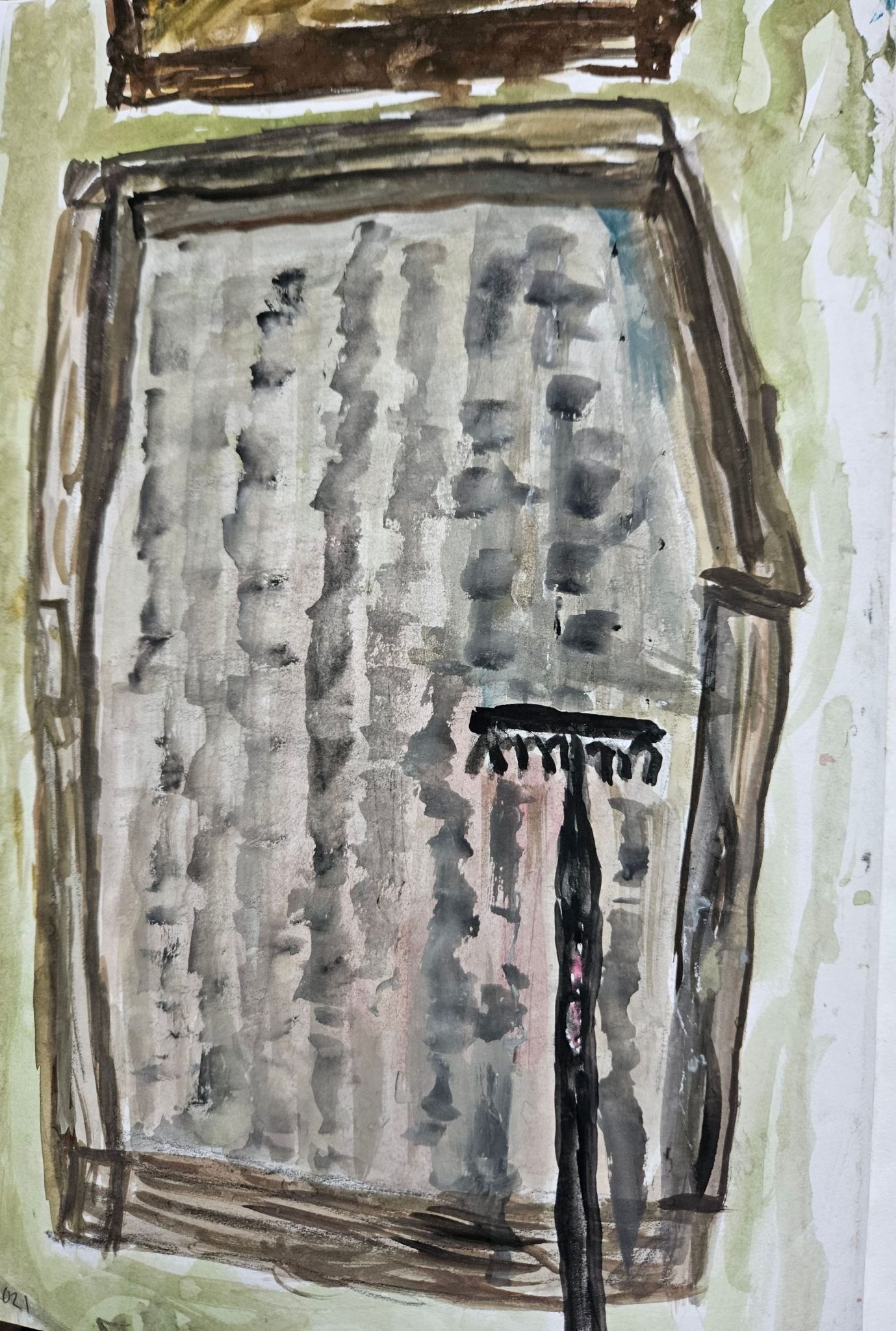 Watercolour of a raised bed being raked afterseeds have been planted