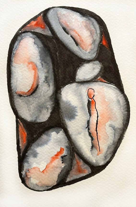 Black and red ink shapes resembling stones