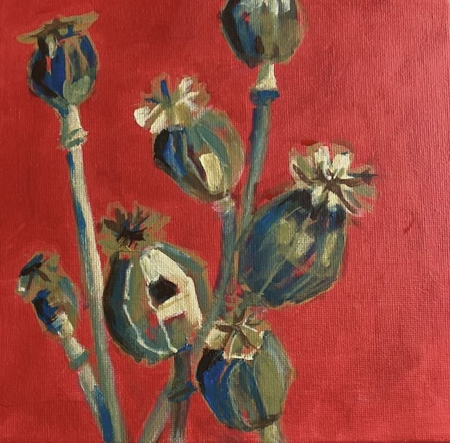 Acrylic on small square canvas, poppy seeds on red background