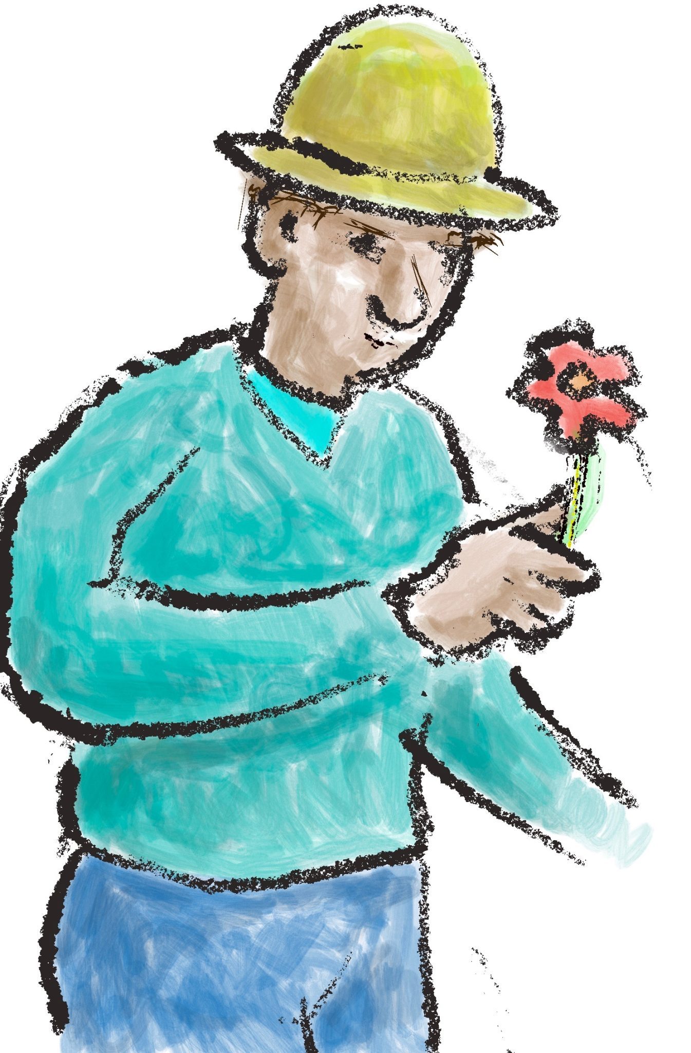 Sketch of a colourful but suspicious looking clown figure holding a red flower and turning to your right (his left)