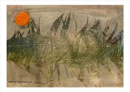 mono-type print in greys and greens, reeds reflected in water. Orange sunset