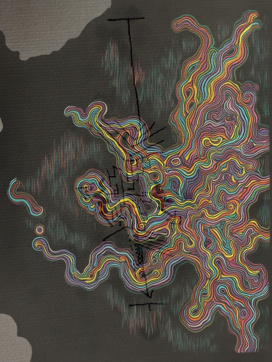 An photo of a pen doodle with colourful swirling patterns over the top