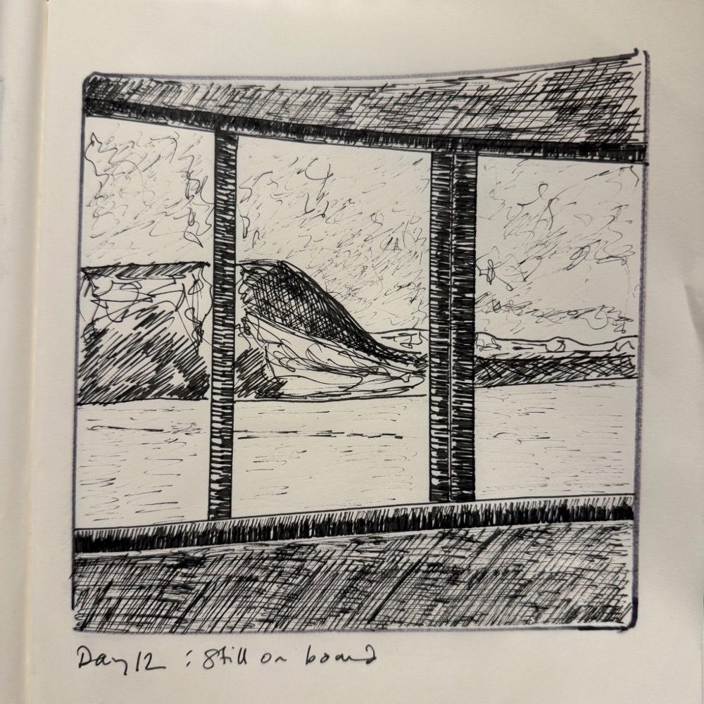 Ink sketch of fjord through the cabin window