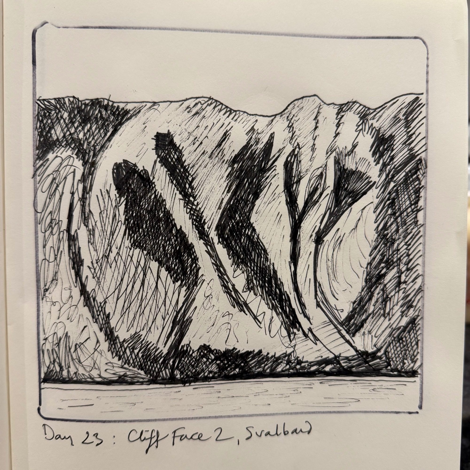Ink sketch of the cliff face, vertical shapes of darker rock and sediment falling towards the sea